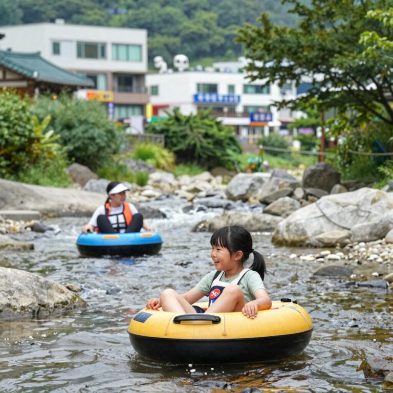 팔공산 숲속식당 평상 옆 계곡에서 아이가 튜브를 타고 노는 모습