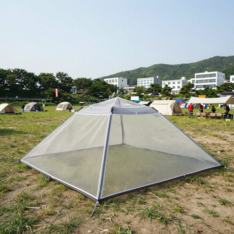 포레스트유 커넥터블 타프와 메쉬망을 캠핑장에 설치한 전경