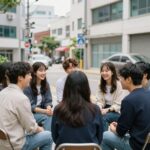 해피 투게더 혼자가 아니어서 좋은 이유 여러 친구들이 둘러앉아 웃고 대화하는 모습