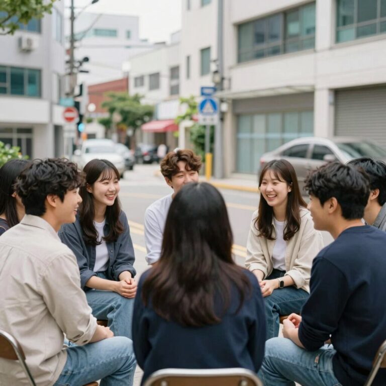 여러 친구들이 둘러앉아 웃고 대화하는 모습