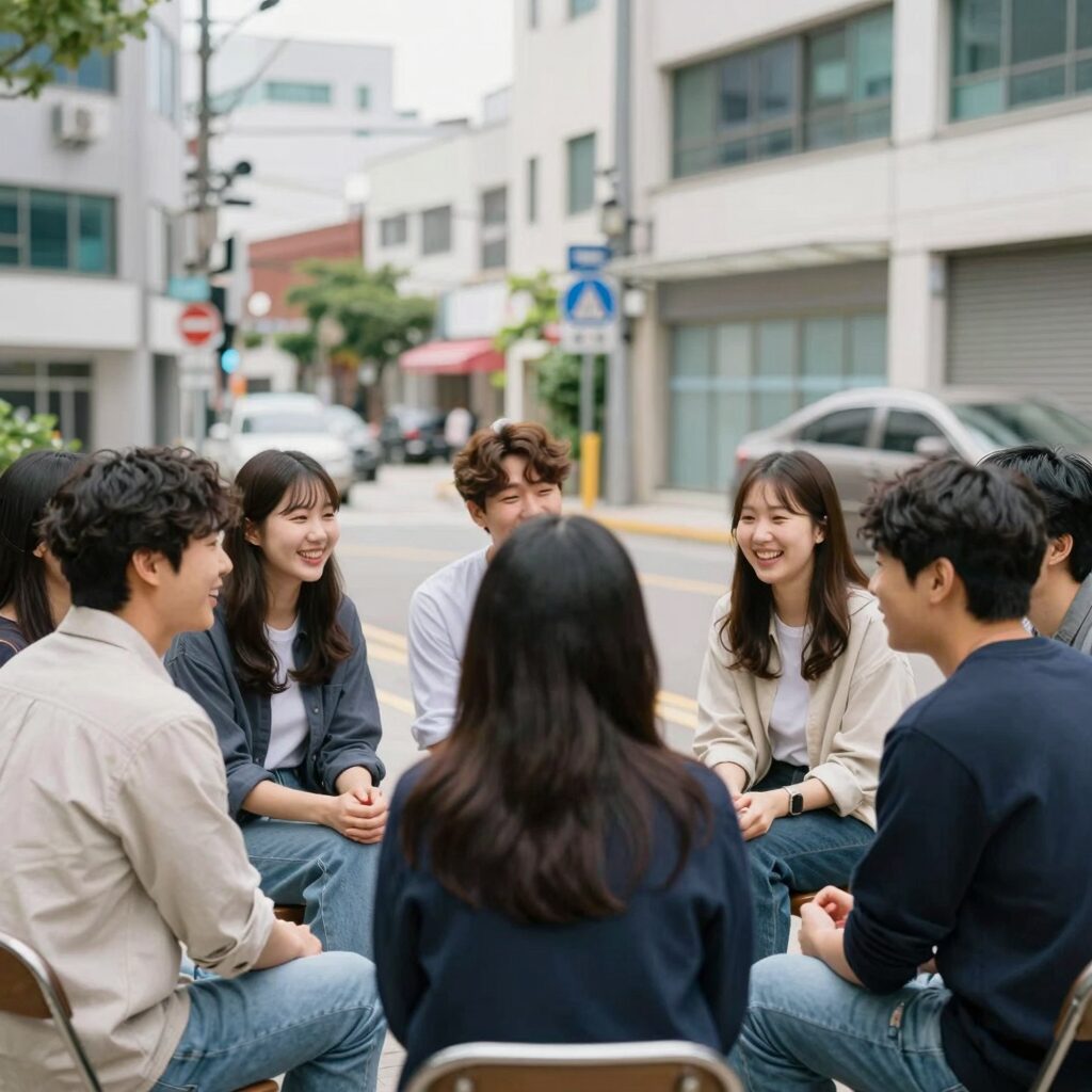 여러 친구들이 둘러앉아 웃고 대화하는 모습