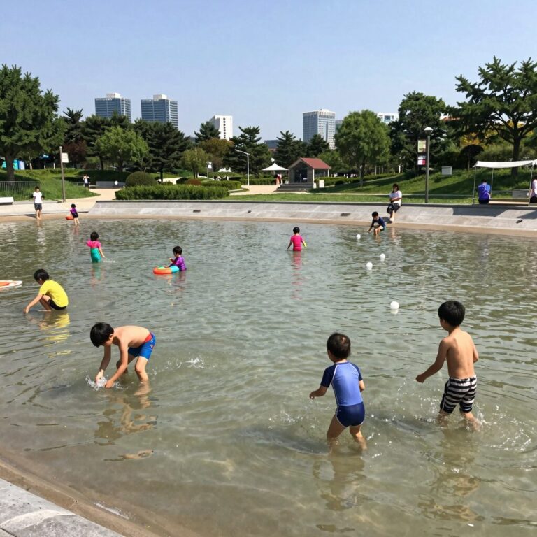 인천 갈산근린공원 물놀이터 전경으로 아이들이 물놀이를 즐기고 있는 모습