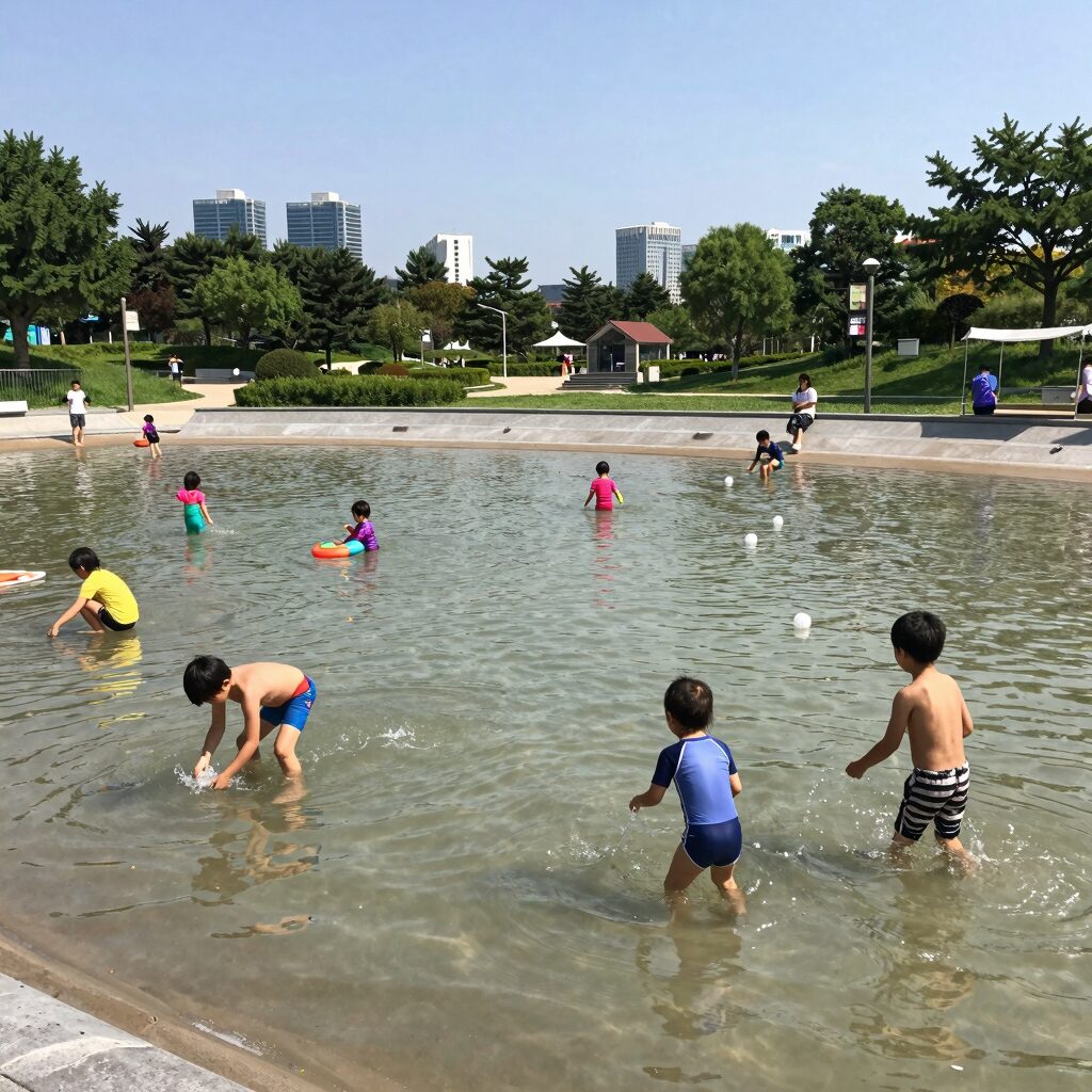 인천 갈산근린공원 물놀이터 전경으로 아이들이 물놀이를 즐기고 있는 모습