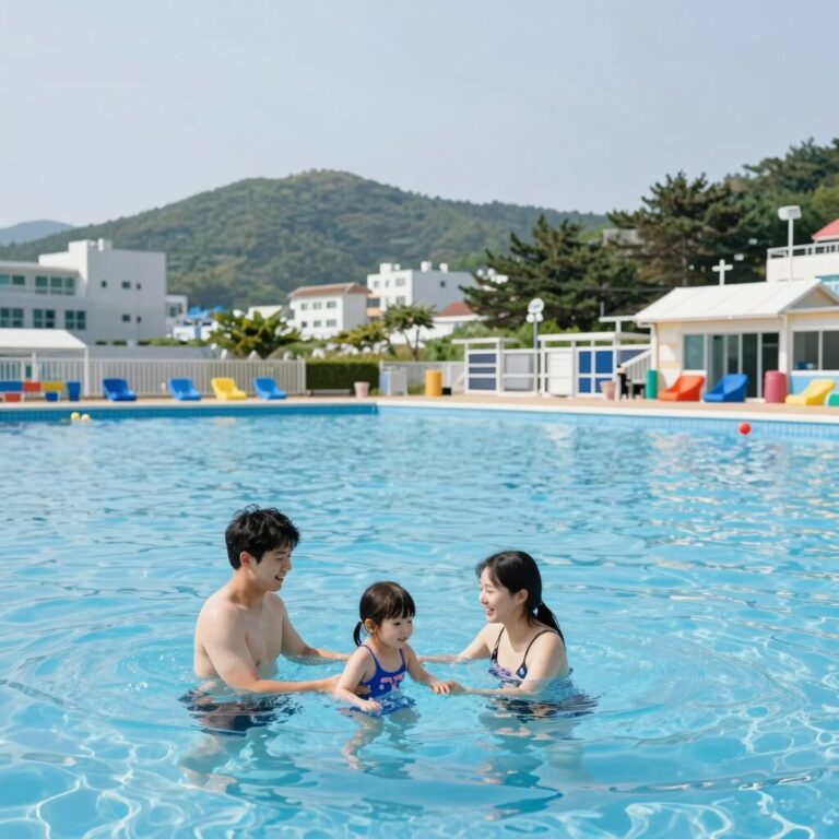 강원도 수영장 펜션에서 물놀이하는 가족 모습