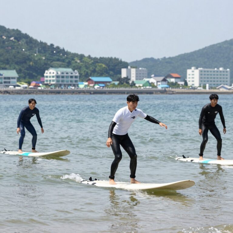 강원도 양양 해수욕장에서 서핑 강습을 받는 사람들