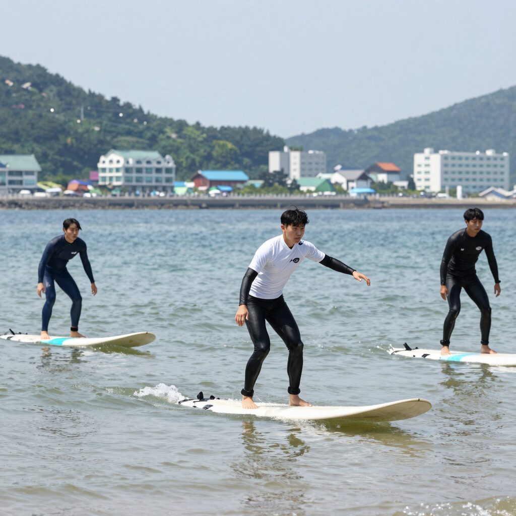 강원도 양양 해수욕장에서 서핑 강습을 받는 사람들