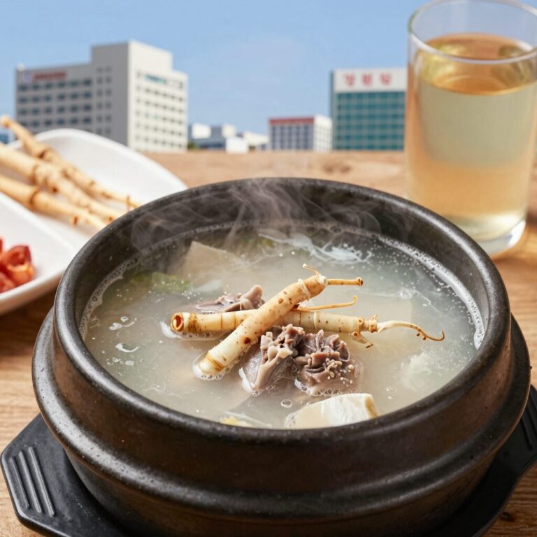 강원정 삼계탕 뚝배기에 담긴 보글보글 끓는 삼계탕과 인삼주