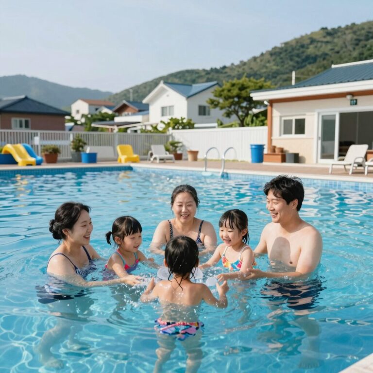 가평 펜션 수영장에서 가족이 즐거운 물놀이를 하는 모습
