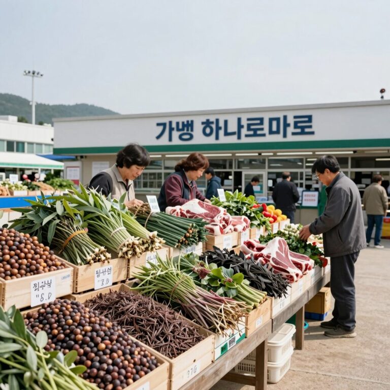 가평 하나로마트 농산물 코너에 진열된 잣, 산나물, 한우 등 신선한 지역 특산물 사진