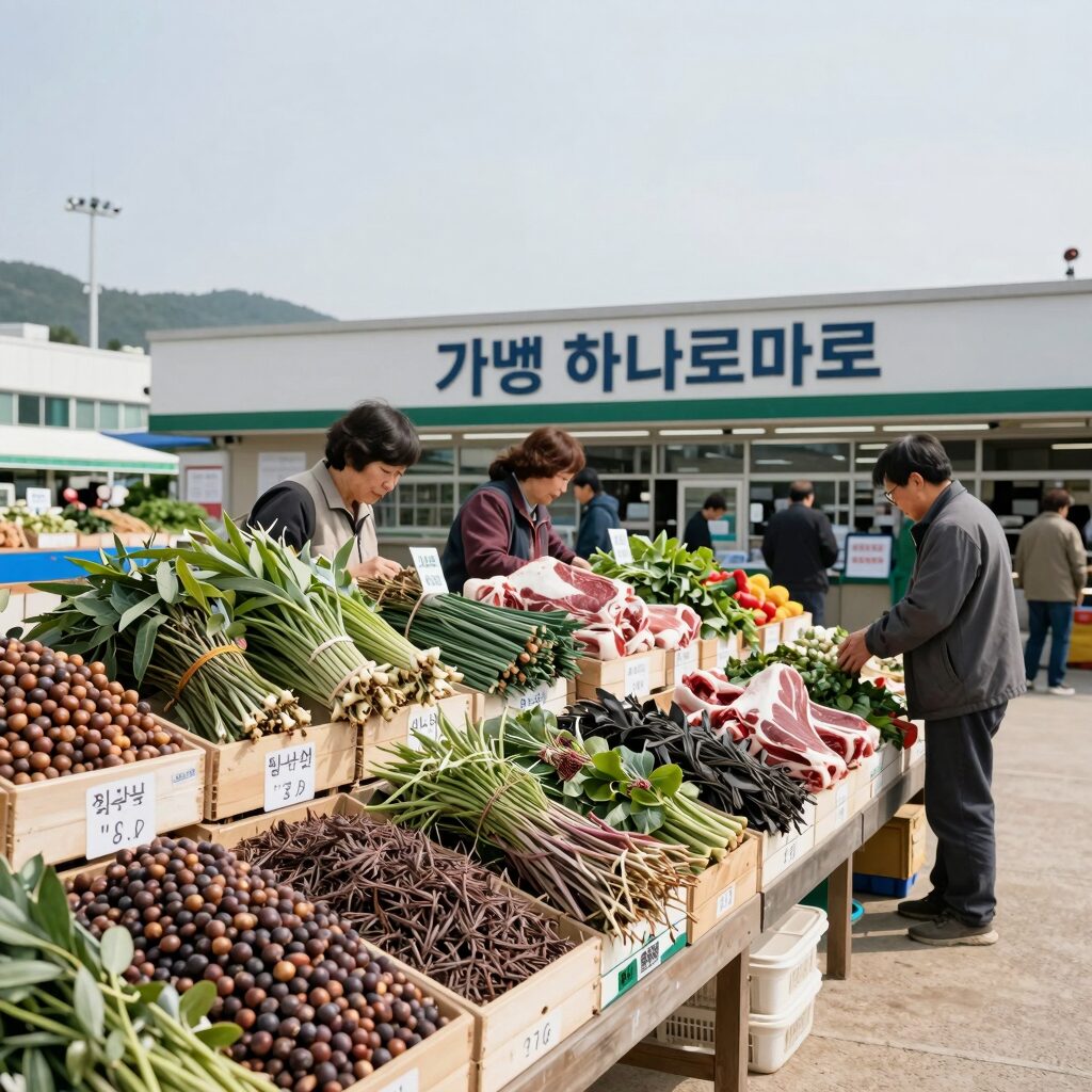 가평 하나로마트 농산물 코너에 진열된 잣, 산나물, 한우 등 신선한 지역 특산물 사진