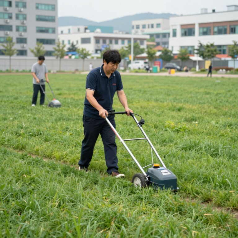 가스 예초기 사용자가 잔디를 깎고 있는 장면