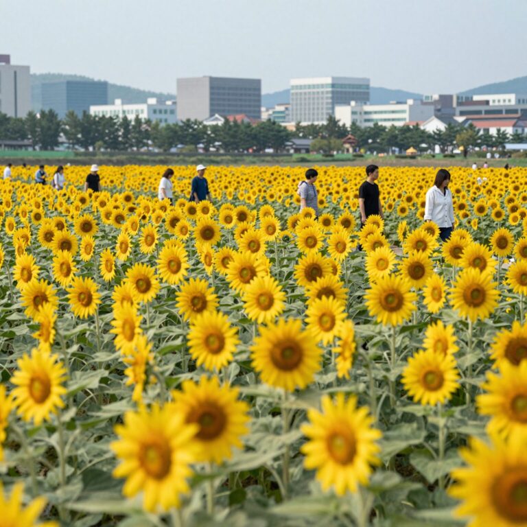 고창 해바라기 축제 아침 풍경 활짝 핀 노란 해바라기 밭