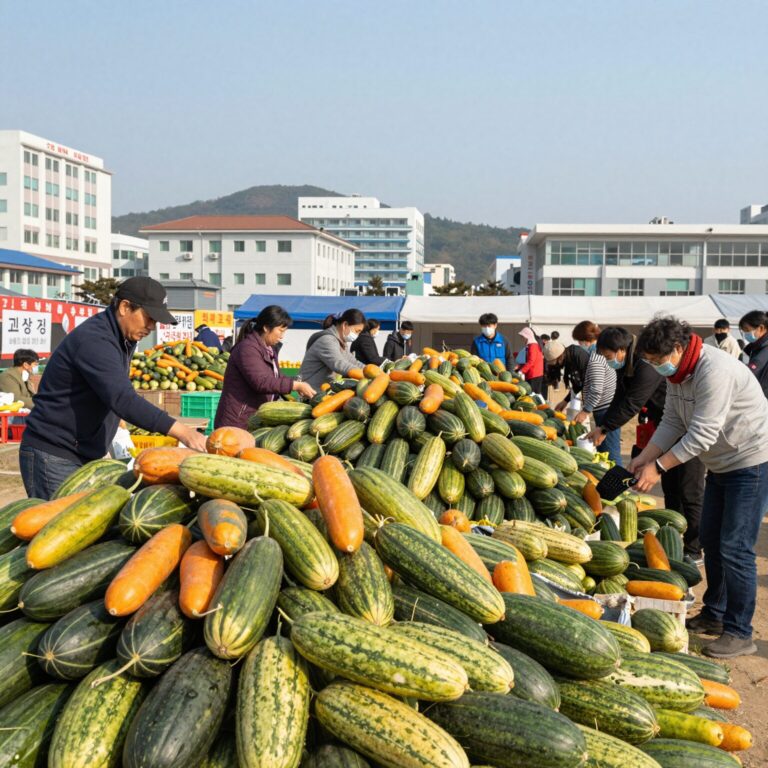 고창 복분자수박축제 현장에서 판매 중인 수박 더미와 구매자들의 모습