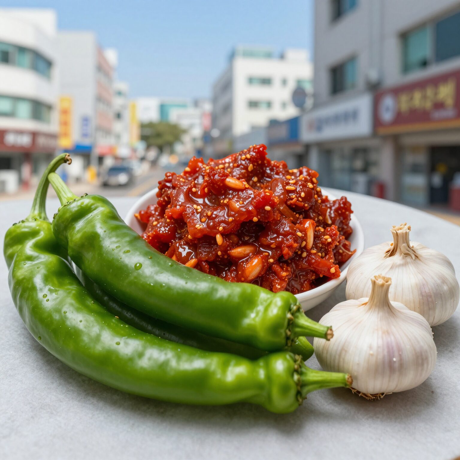 풋고추 된장무침에 들어가는 신선한 풋고추와 된장, 고추장, 마늘 등 양념 재료를 한데 모은 사진