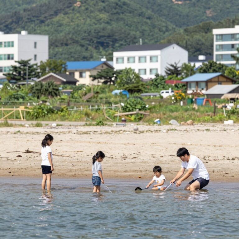 괴산 쌍곡계곡 떡바위산장 앞 물놀이 포인트에서 가족이 즐기는 모습