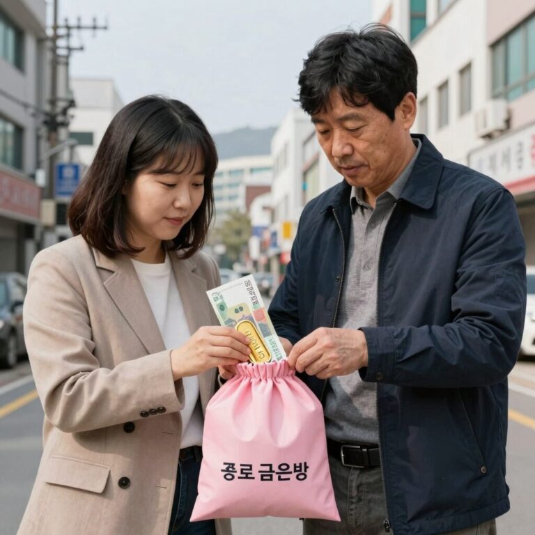 종로 금은방에서 구매한 골드바와 보증서를 핑크색 가방에 넣은 모습