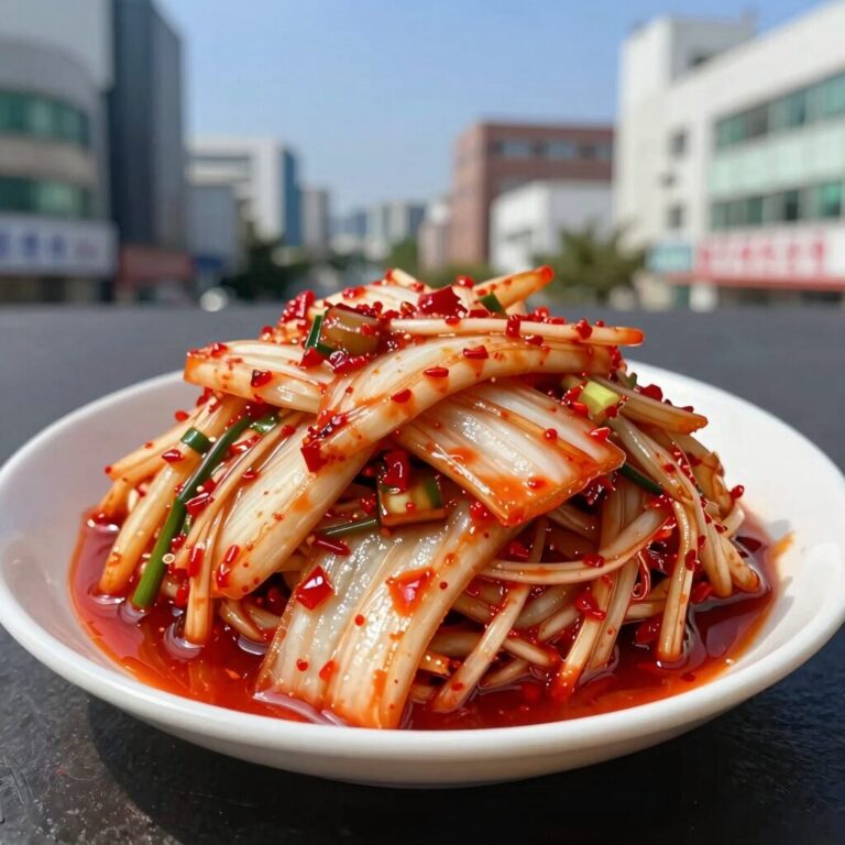 고구마줄기김치 완성 접시에 담긴 모습, 아삭한 식감과 양념이 잘 버무려진 여름 김치