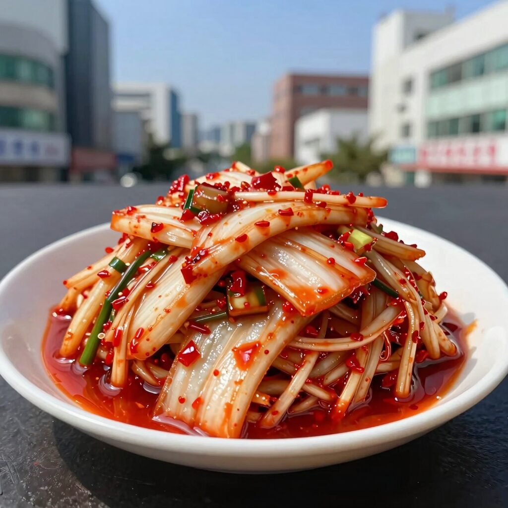 고구마줄기김치 완성 접시에 담긴 모습, 아삭한 식감과 양념이 잘 버무려진 여름 김치