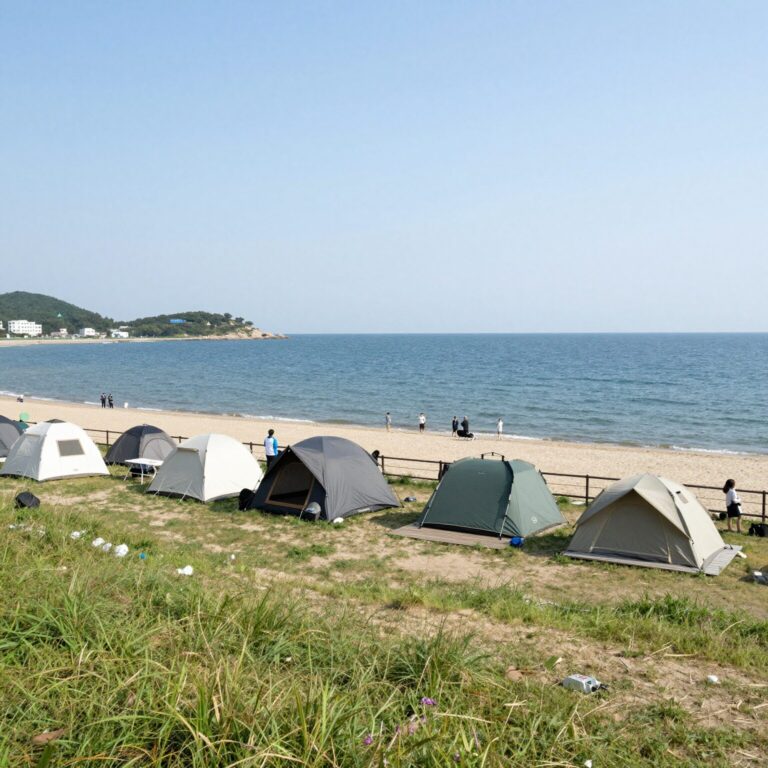 고래불 국민야영장 A10 사이트의 바다 뷰와 데크 모습