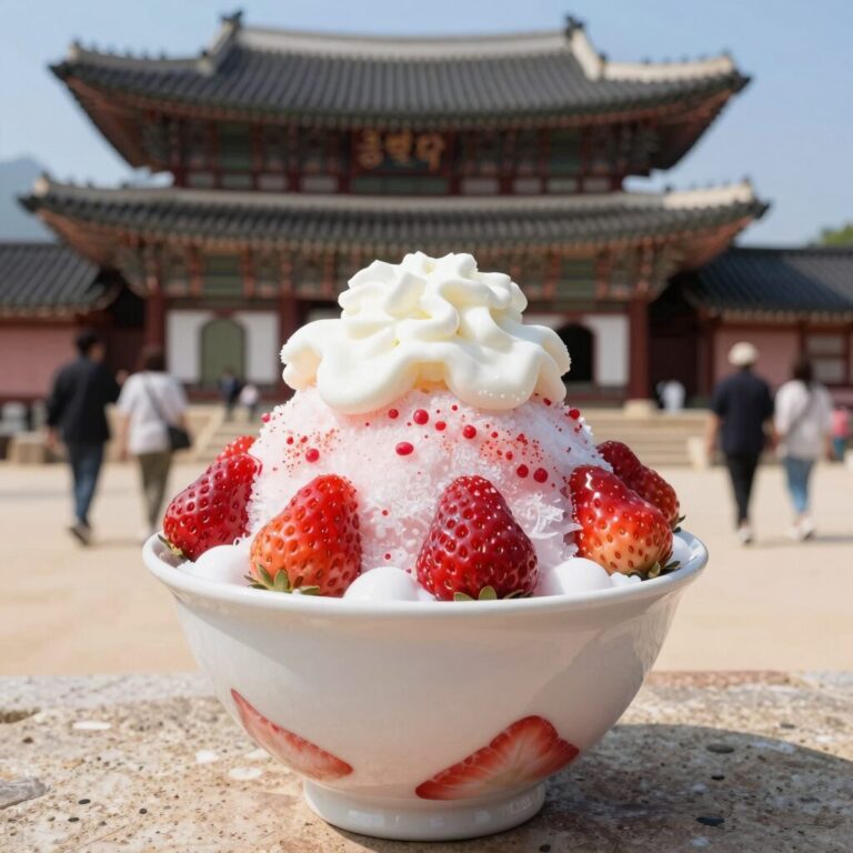 궁전제과 딸기우유빙수, 밤과 떡 토핑이 올라간 비주얼