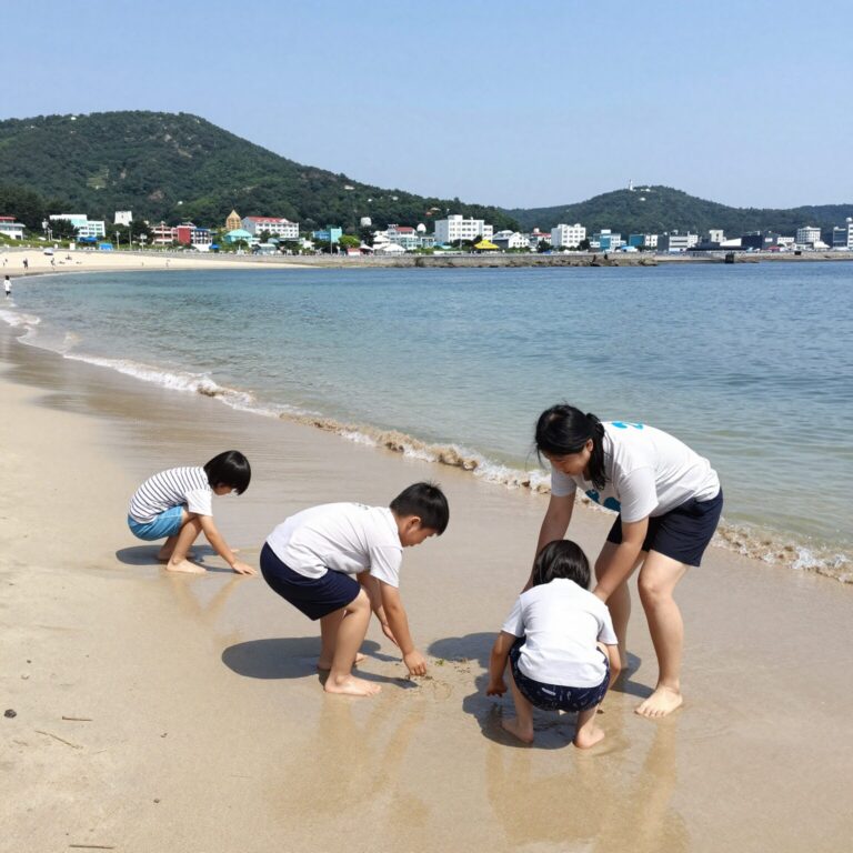 창원 광암 해수욕장에서 아이가 해루질을 즐리는 모습