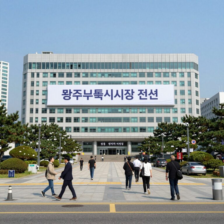 광주특별시청 전경과 경선 관련 현수막 이미지