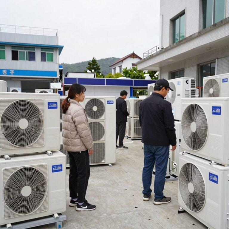 광주 중고 에어컨 매장 내부에 다양한 제품이 전시된 모습