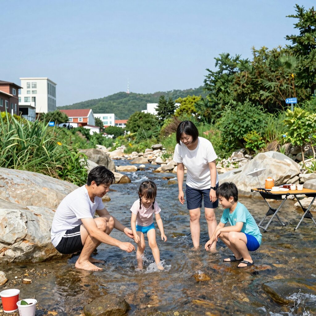 여름 계곡 평상 대여 명소에서 가족이 물놀이와 바비큐를 즐기는 모습