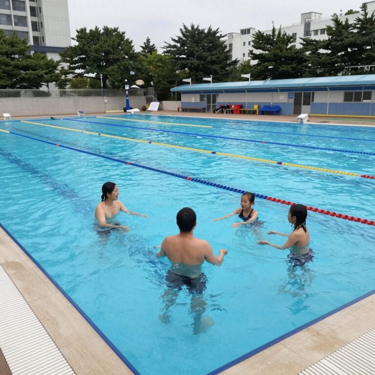 경기 수영장 펜션 실외 수영장에서 가족이 물놀이를 즐기는 모습