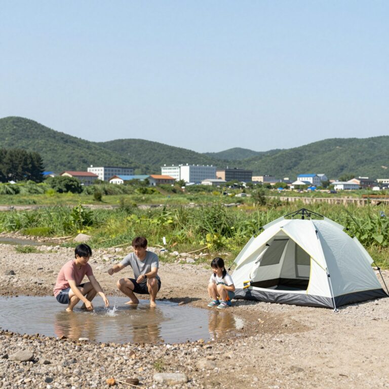 경기도 계곡 캠핑장에서 물놀이와 텐트가 함께 있는 여름 캠핑 현장 사진