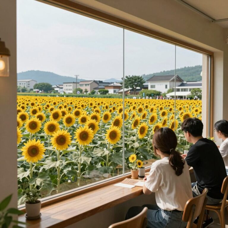 경주 해바라기 카페의 통유리 내부와 야외 테라스에서 바라본 해바라기밭 전경