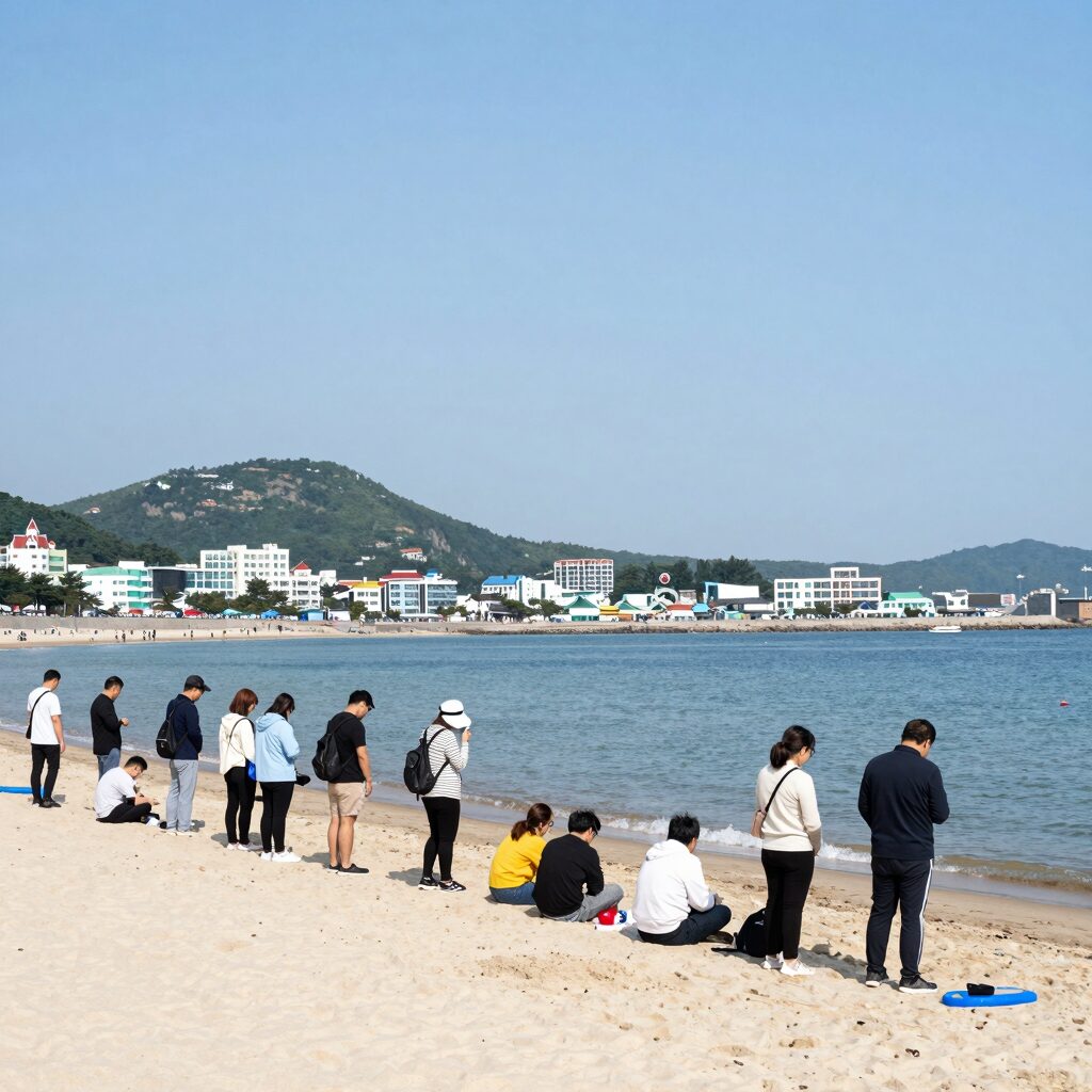 해운대 해수욕장 튜브 대여소에서 관광객들이 줄을 서서 대기하는 모습