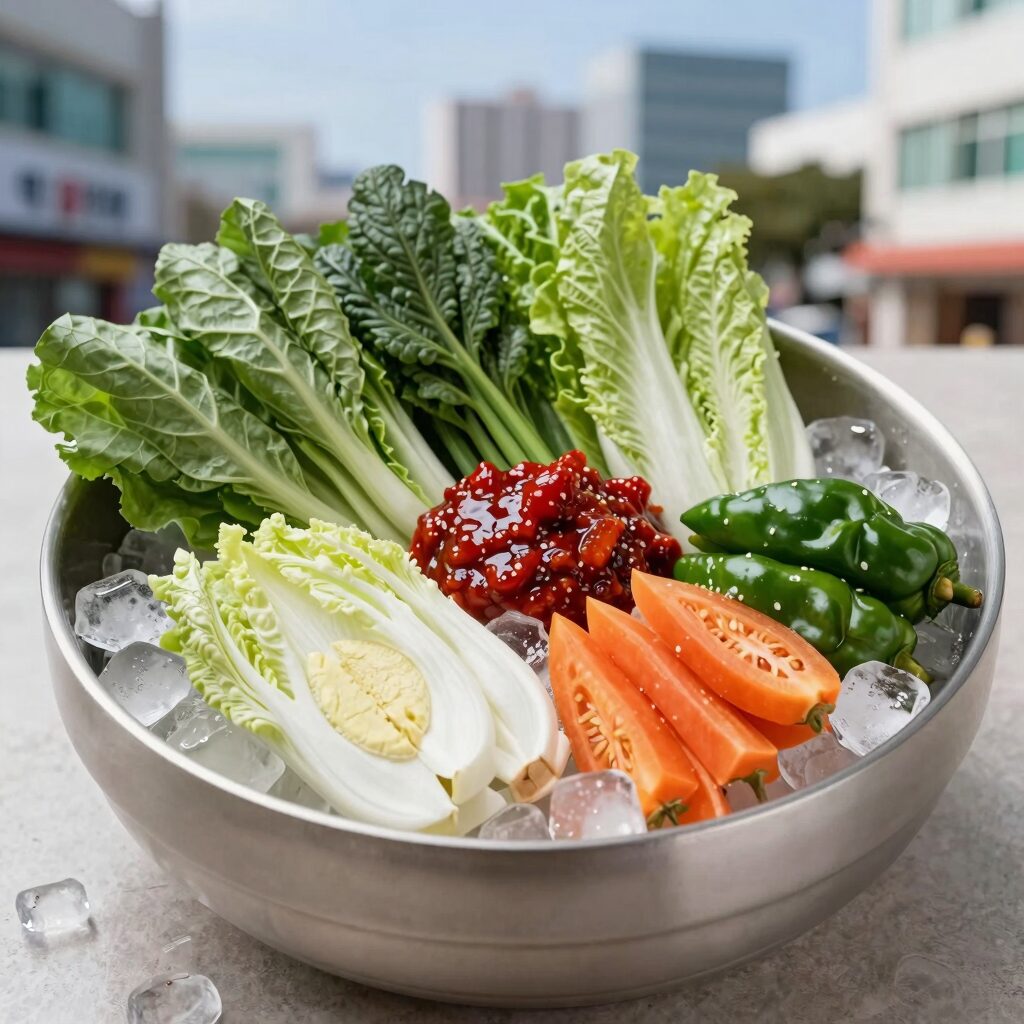 신선한 한치와 야채가 담긴 물회 그릇에 얼음이 동동 뜨고 초고추장 양념이 어우러진 모습