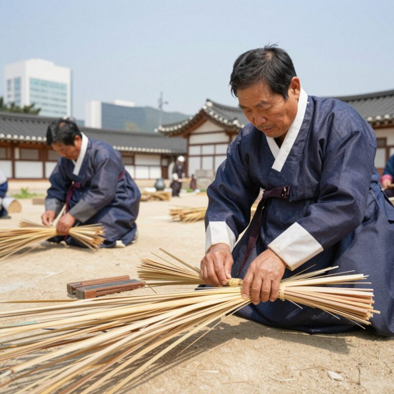 국가무형유산 선자장 김동식 장인이 합죽선 부채 제작 시연 중 대나무 살을 깎는 모습