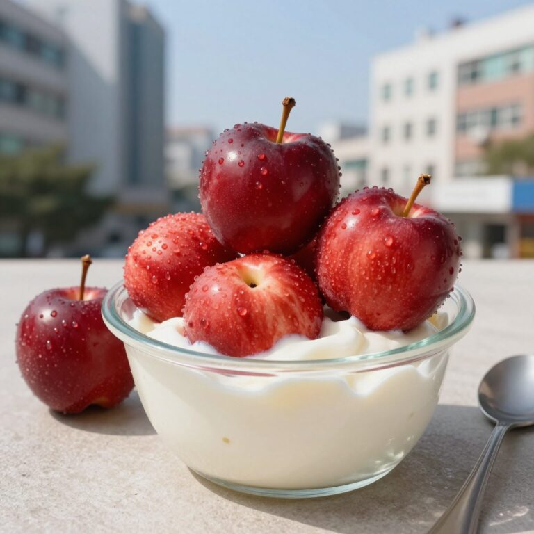 딱딱한 복숭아와 그릭요거트를 함께 담은 그릇
