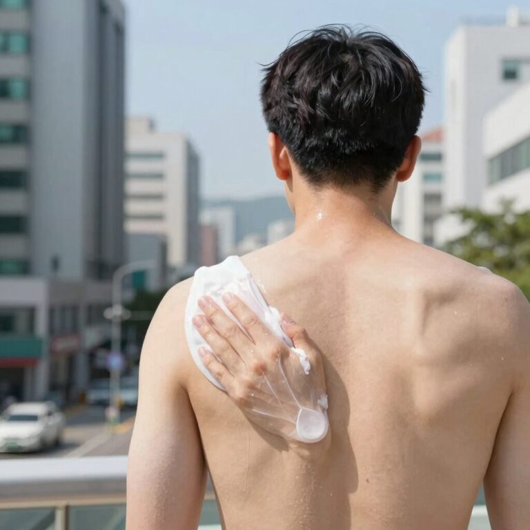 성인 땀띠 가려움증 진정을 위한 쿨링 젤 바르는 모습