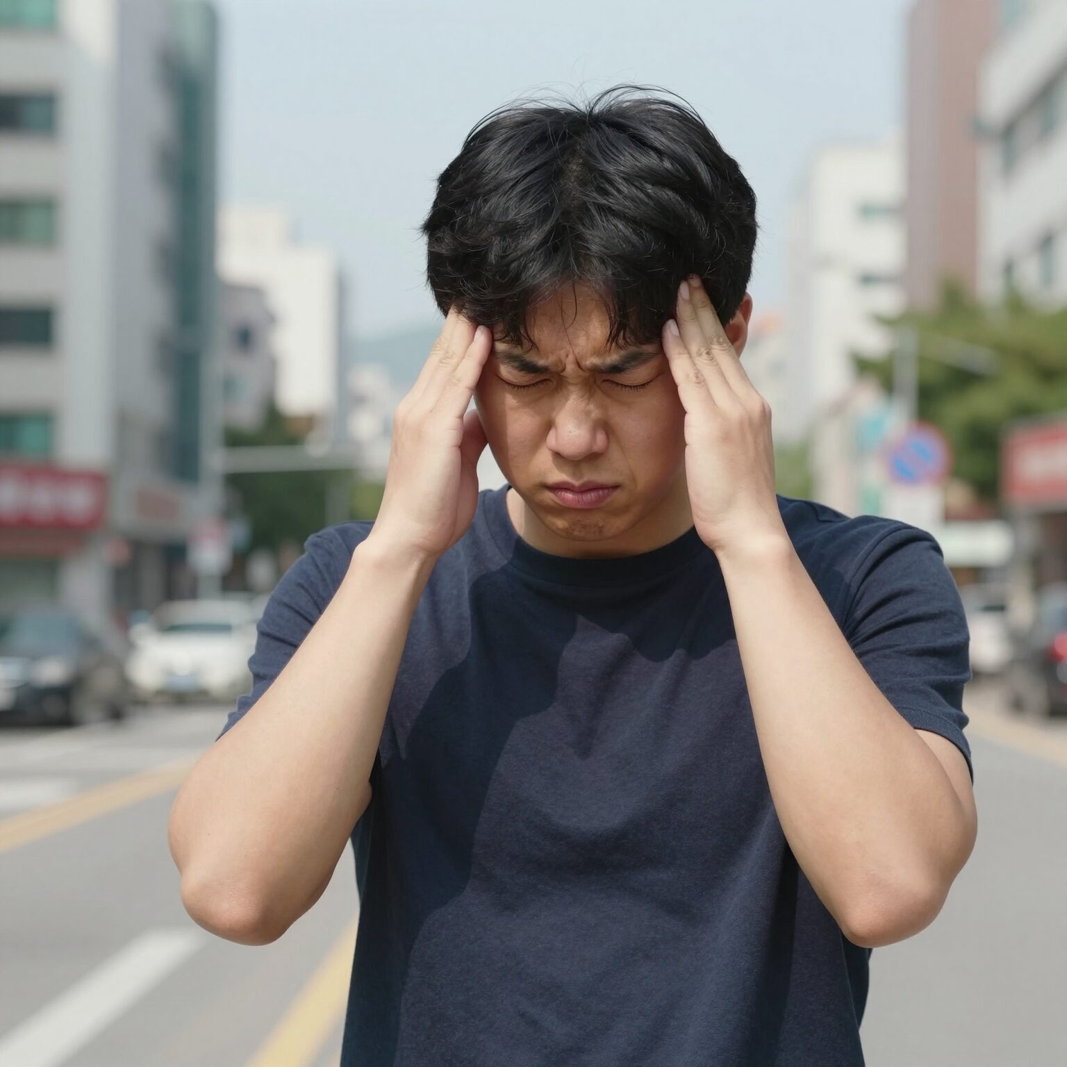 더위 먹었을때 나타나는 대표적인 증상 두통과 메스꺼움을 표현한 일러스트