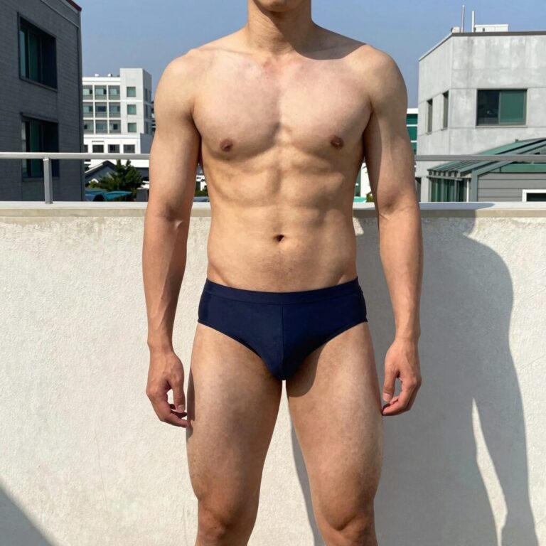 남성 하이웨스트 수영복 반바지 착용 모습 허리 위까지 올라오는 디자인과 짧은 기장으로 다리가 길어 보이는 효과