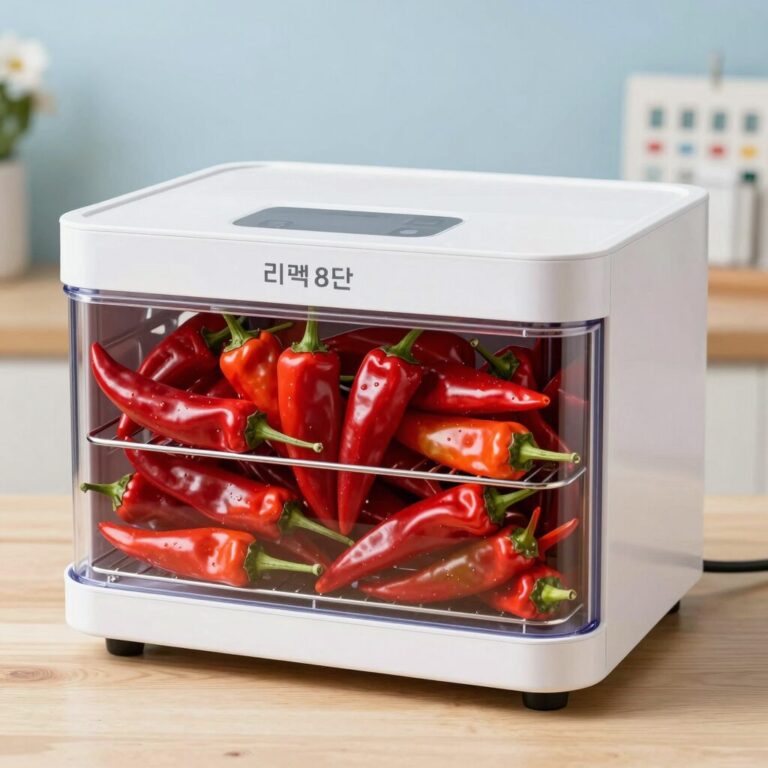 리큅 8단 고추 건조기 트레이에 홍고추를 가지런히 올려놓은 모습