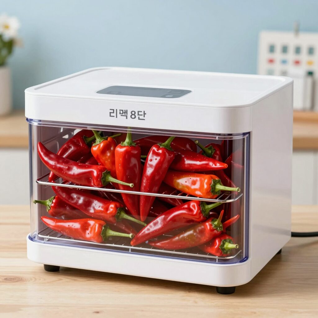 리큅 8단 고추 건조기 트레이에 홍고추를 가지런히 올려놓은 모습