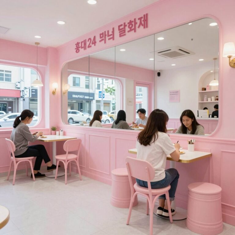 홍대 24시 빙수 카페 달화채 내부 인테리어 핑크 화이트 톤 거울 대형카페