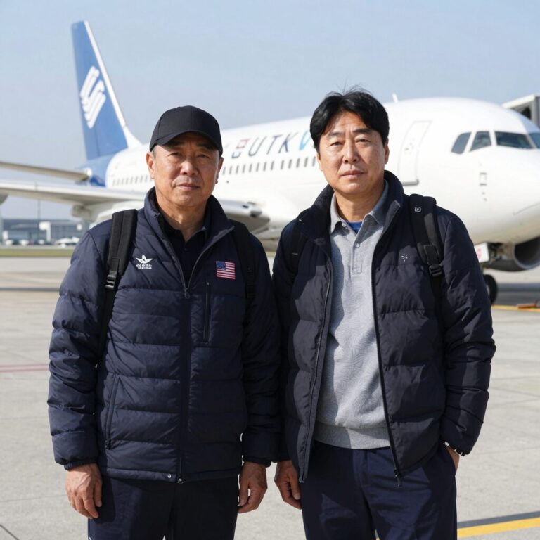 홍명보가 미국 공항에서 비행기 앞에서 포즈를 취하고 있는 모습, 축구 지도자 미국행