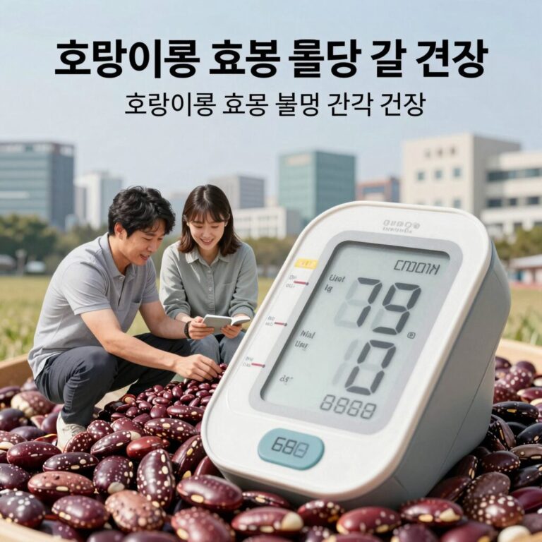 호랑이콩 효능 혈당 관절 건강을 설명하는 그림, 호랑이 무늬 콩과 혈압계, 활기찬 모습