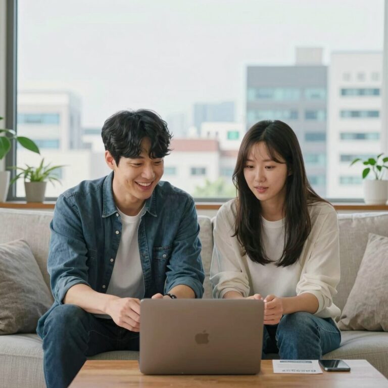 IT 개발자인 남편과 함께하는 김지영 부부의 일상 사진으로 부부가 거실에서 함께 시간을 보내는 모습