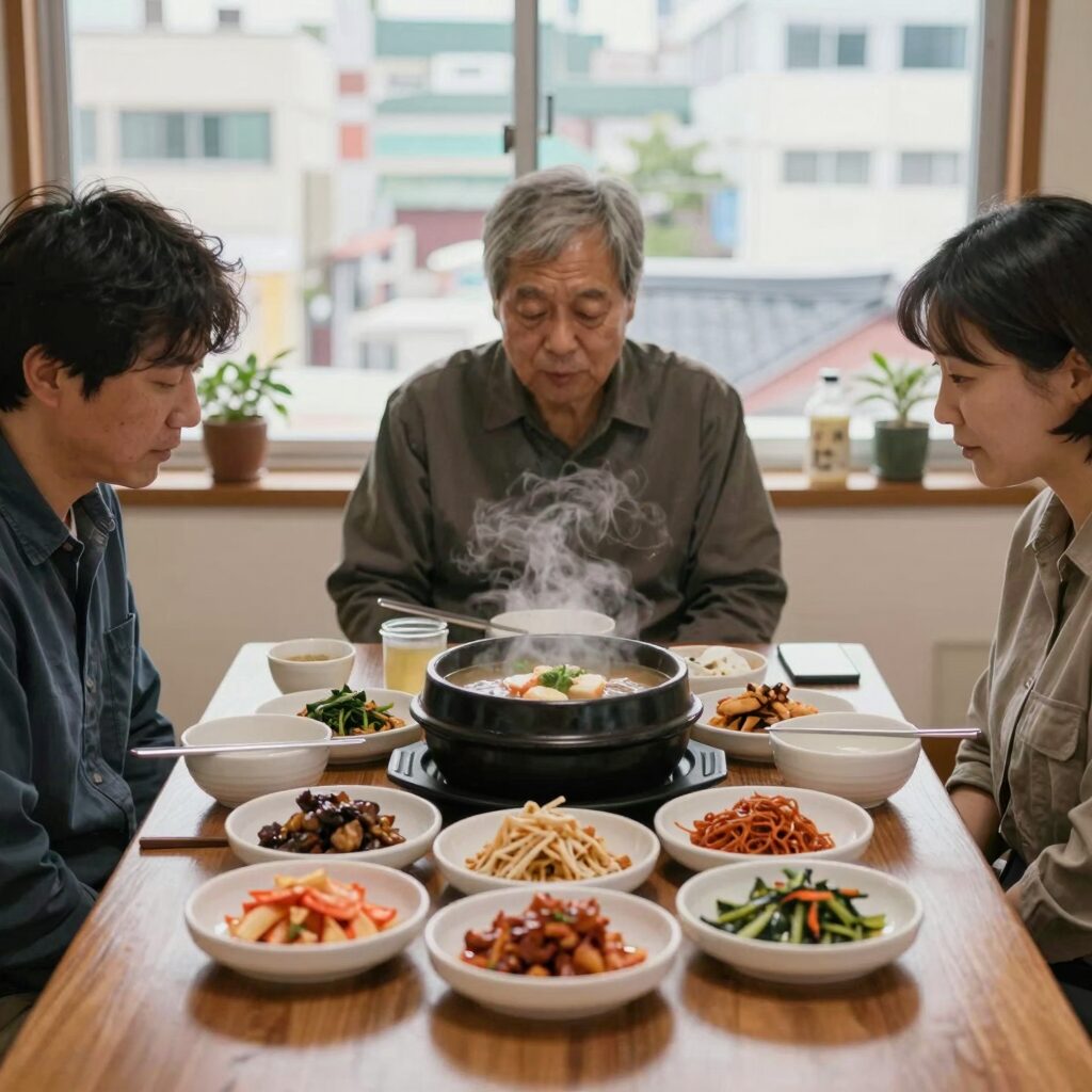 황칠 녹두삼계탕과 다양한 반찬이 차려진 테이블