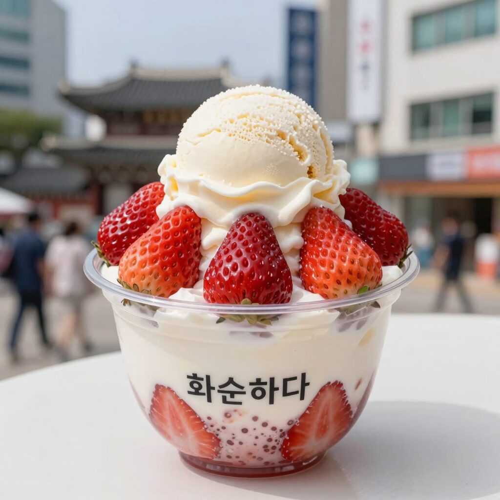 화순하다 딸기우유빙수 실타래 모양, 위에 바닐라 아이스크림과 튀일