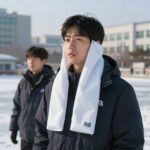 아이스 패치로 더위를 식히는 방법 아이스 패치를 목에 부착하여 쿨링 효과를 보는 모습