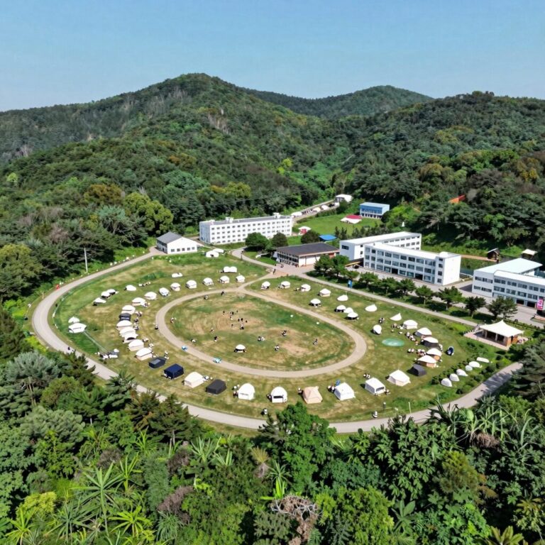 안동 임하호 캠핑장 전경과 수상레저 시설이 한눈에 보이는 항공사진