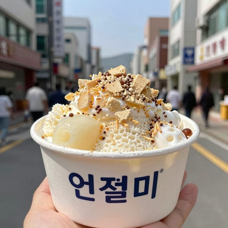 인절미 빙수 그릇에 담긴 완성된 모습. 위에 인절미와 콩가루, 팥이 올려져 있다.