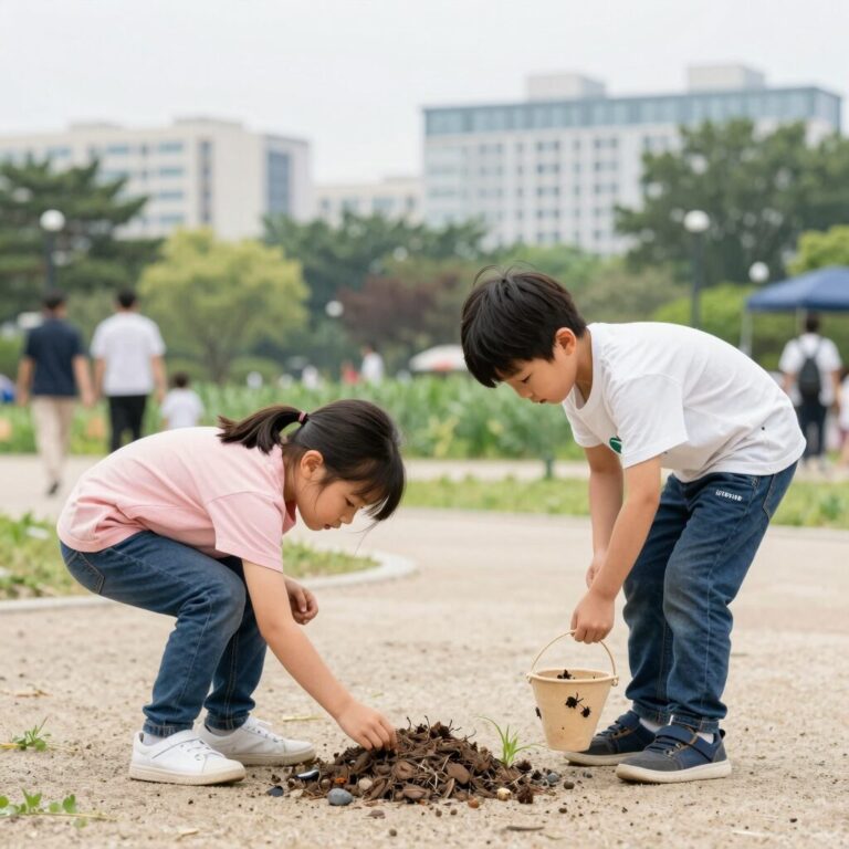 아이가 공원에서 곤충채집통을 들고 자연을 탐색하는 모습